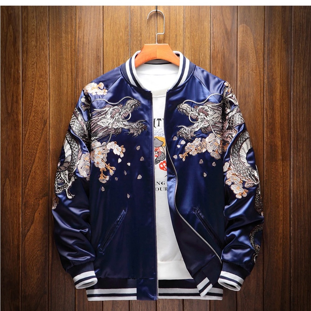 Men's Dragon Embroidered Bomber Jacket - Navy